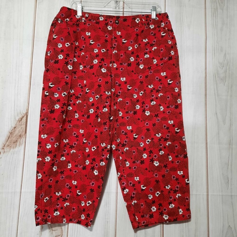 First Issue Liz Claiborne Red Floral Crop Pants Womens 16 Cotton Straight Leg
